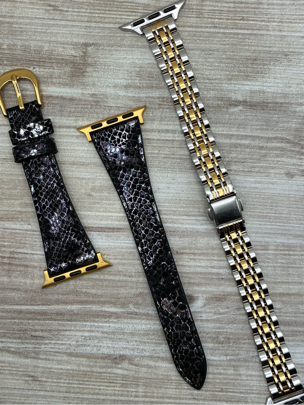 Adjustable Mixed Metal and Black Snake-Print Watch Bands for Apple Watch 42mm